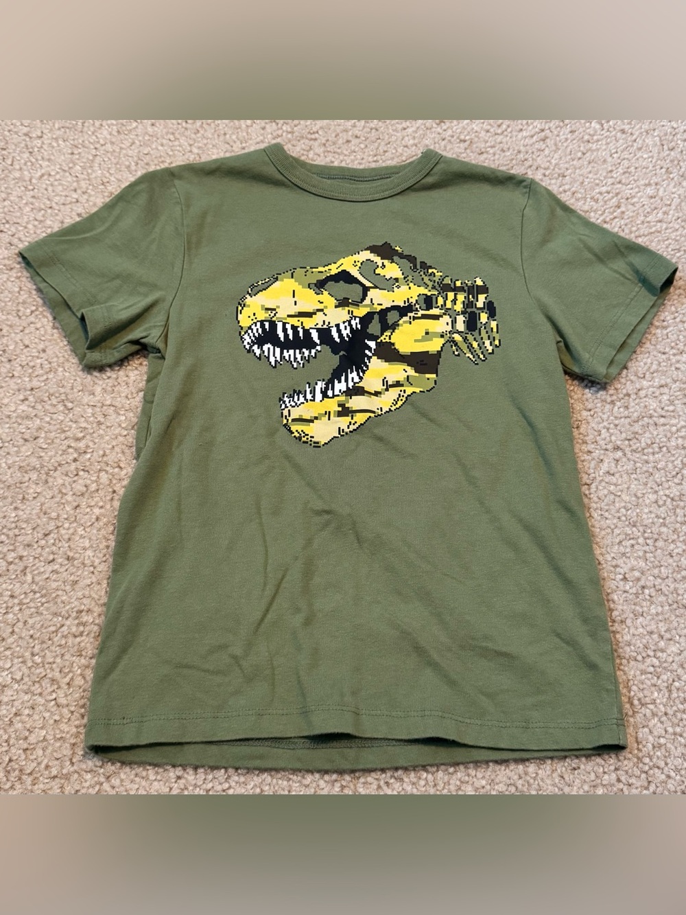 Olive Green Tee with Yellow Dinosaur Skull Graphic Size S (5/6)